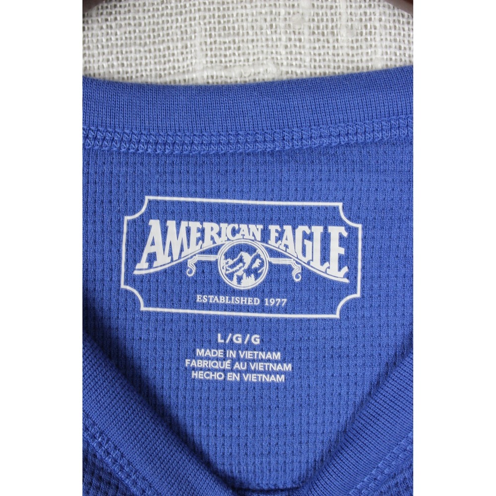 American Eagle Mens Large Blue Waffle Knit Thermal Stripe Long Sleeve Shirt - Picture 4 of 7